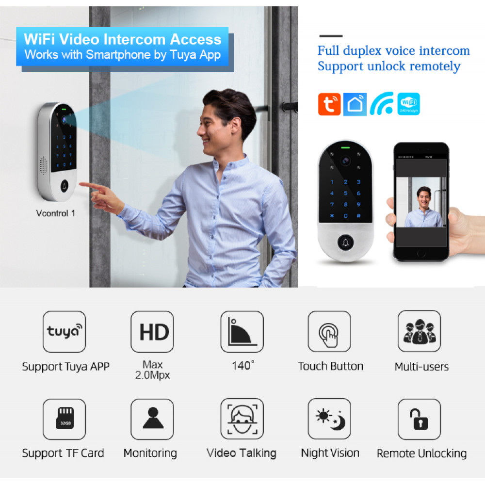 RFID Touch Keypad Video Camera Access Control Android and iOS Mobile Tuya APP 2.4G WiFi Door Video Intercom System